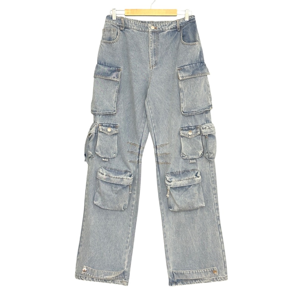 Retro 90s‎ Women Jeans M Light Wash Denim Relaxed Straight Cargo Pockets Hip Hop